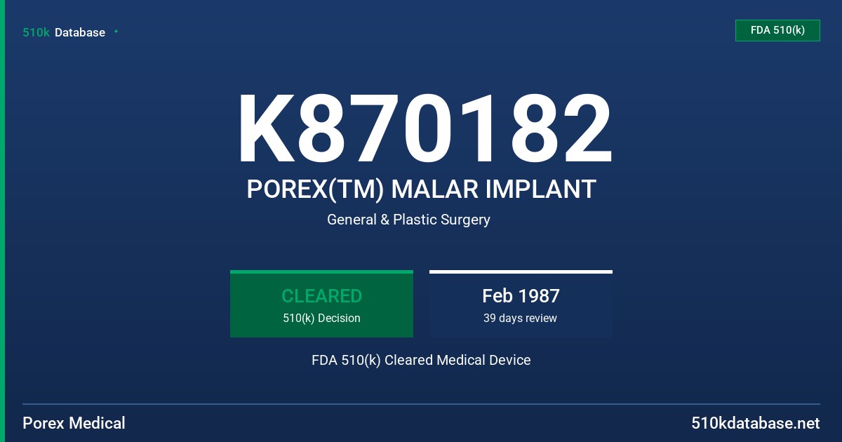 K870182 POREX(TM) MALAR IMPLANT FDA 510(k) Cleared Medical Device