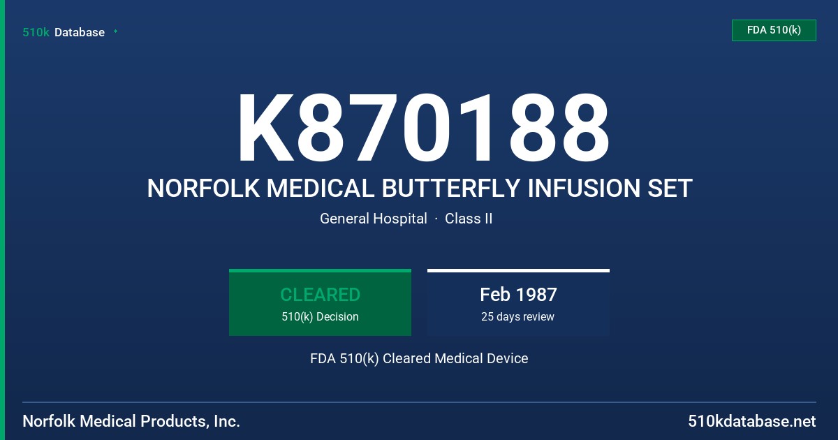 K870188 NORFOLK MEDICAL BUTTERFLY INFUSION SET FDA 510(k) Cleared Medical Device