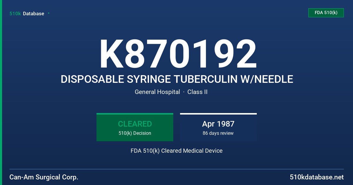 K870192 DISPOSABLE SYRINGE TUBERCULIN W/NEEDLE FDA 510(k) Cleared Medical Device