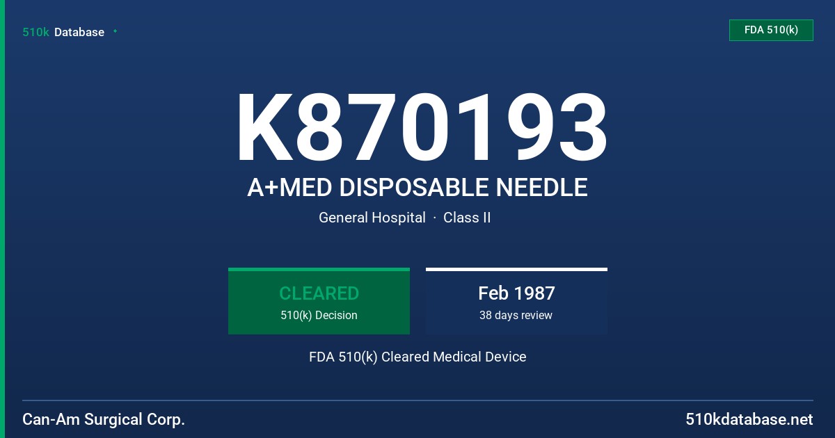 K870193 A+MED DISPOSABLE NEEDLE FDA 510(k) Cleared Medical Device