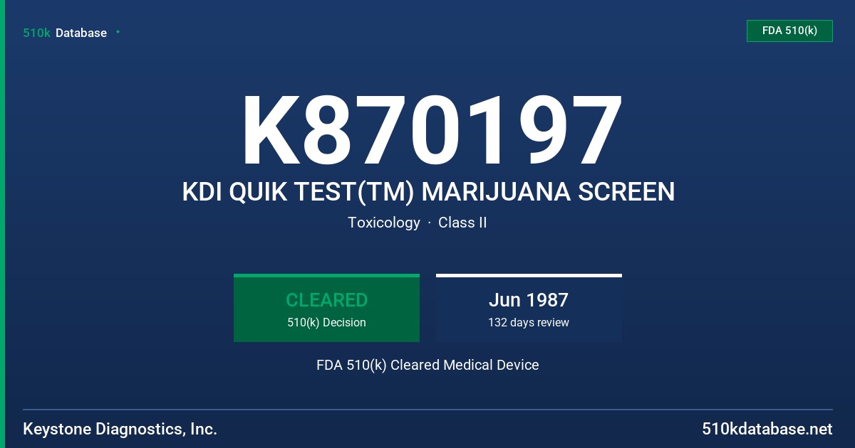 K870197 KDI QUIK TEST(TM) MARIJUANA SCREEN FDA 510(k) Cleared Medical Device