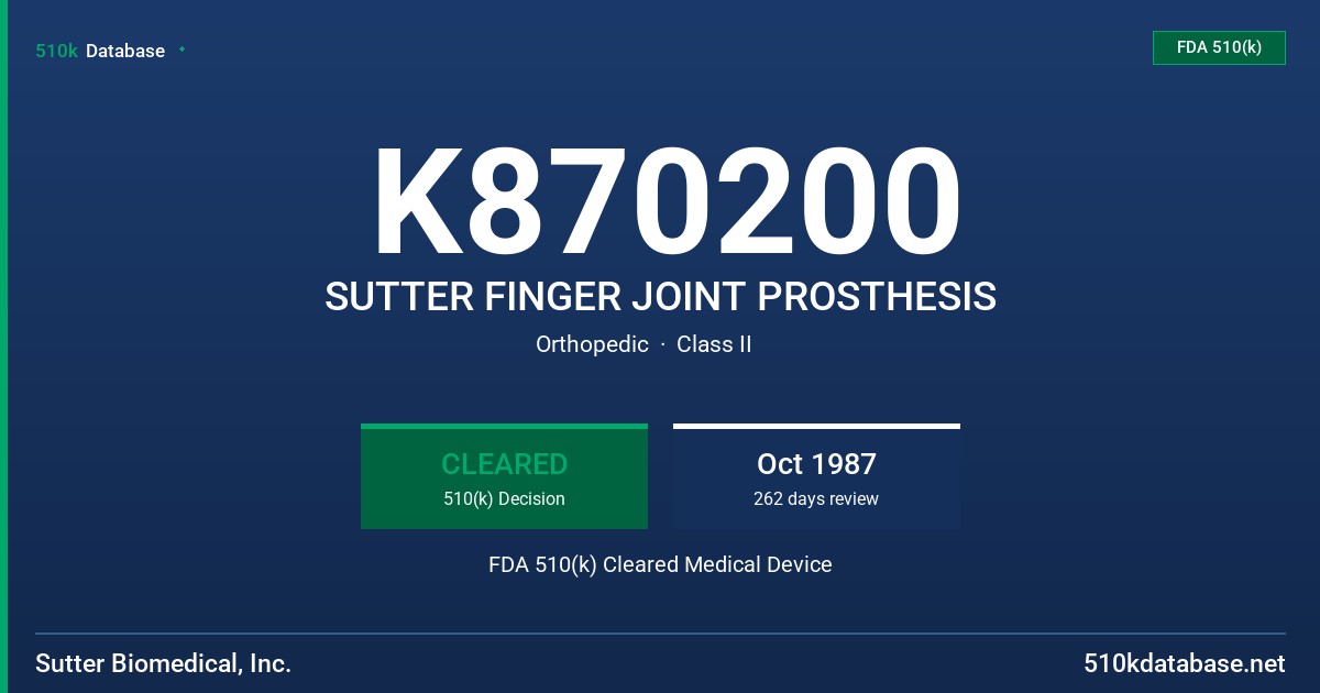 K870200 SUTTER FINGER JOINT PROSTHESIS FDA 510(k) Cleared Medical Device