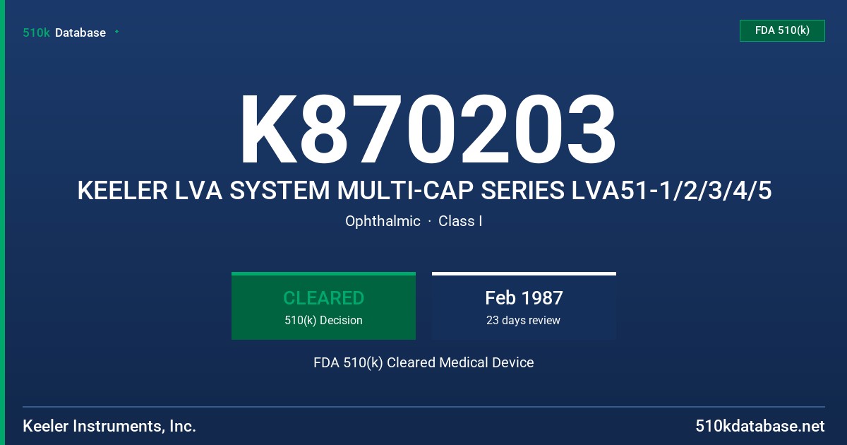 K870203 KEELER LVA SYSTEM MULTI-CAP SERIES LVA51-1/2/3/4/5 FDA 510(k) Cleared Medical Device