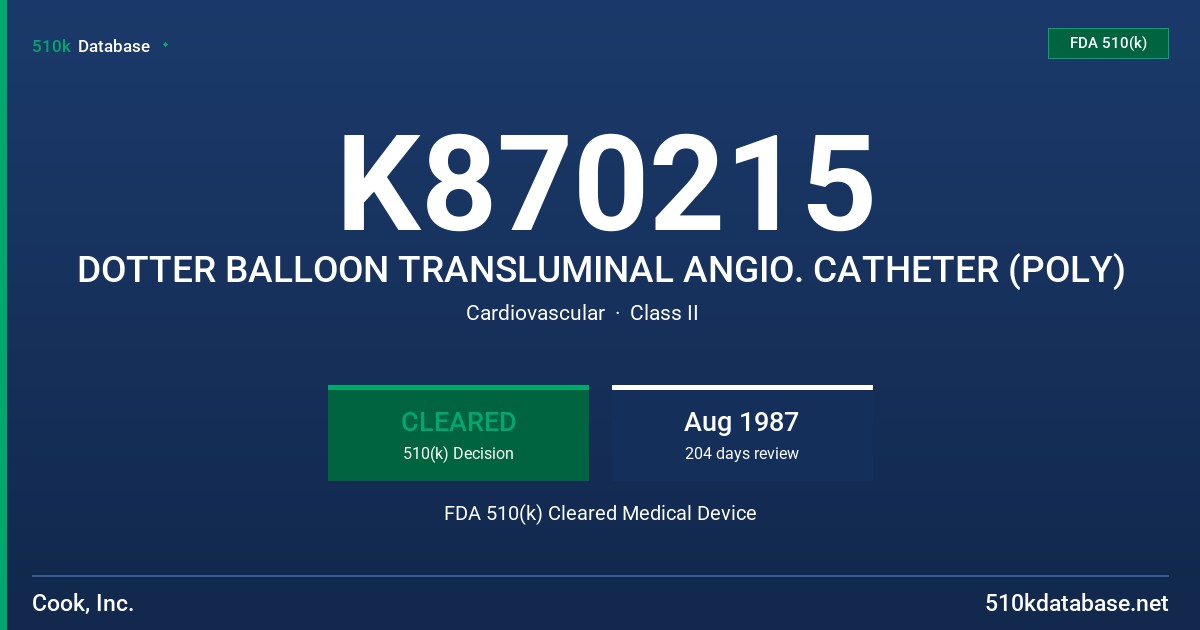K870215 DOTTER BALLOON TRANSLUMINAL ANGIO. CATHETER (POLY) FDA 510(k) Cleared Medical Device