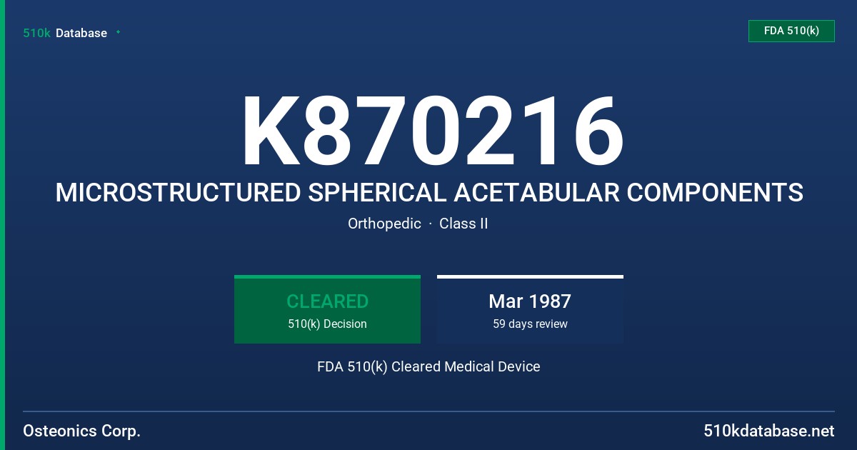K870216 MICROSTRUCTURED SPHERICAL ACETABULAR COMPONENTS FDA 510(k) Cleared Medical Device