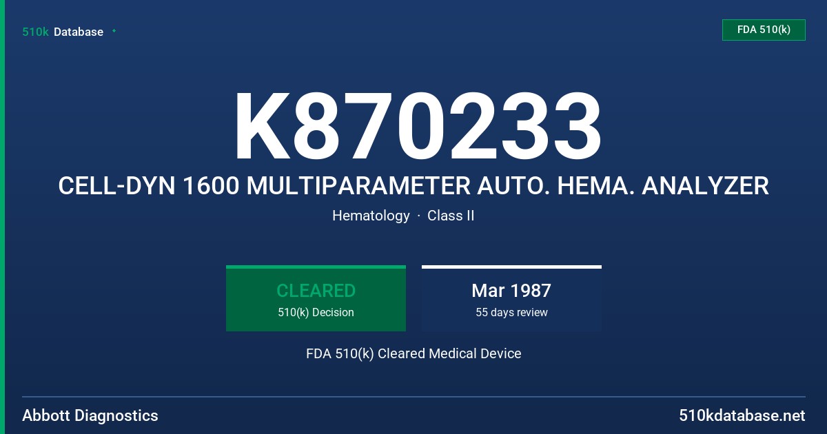 K870233 CELL-DYN 1600 MULTIPARAMETER AUTO. HEMA. ANALYZER FDA 510(k) Cleared Medical Device
