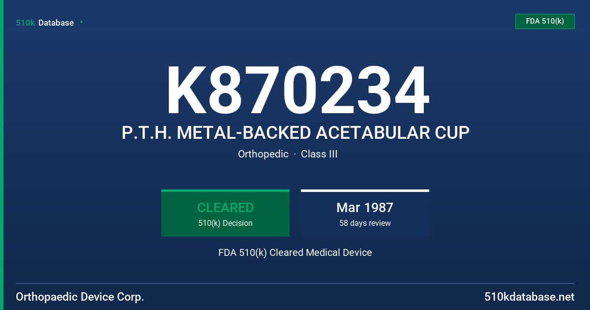 K870234 P.T.H. METAL-BACKED ACETABULAR CUP FDA 510(k) Cleared Medical Device