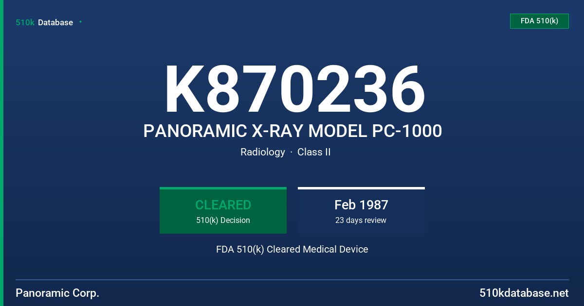 K870236 PANORAMIC X-RAY MODEL PC-1000 FDA 510(k) Cleared Medical Device