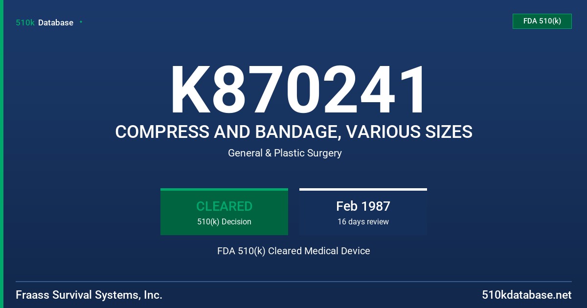 K870241 COMPRESS AND BANDAGE, VARIOUS SIZES FDA 510(k) Cleared Medical Device