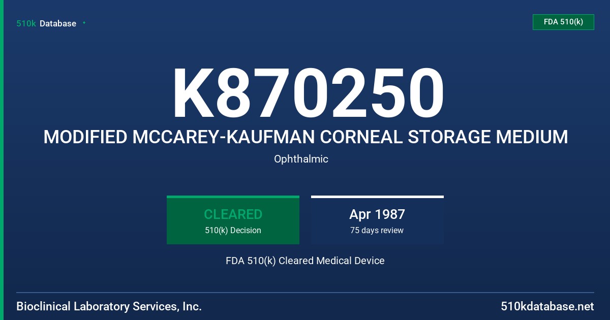 K870250 MODIFIED MCCAREY-KAUFMAN CORNEAL STORAGE MEDIUM FDA 510(k) Cleared Medical Device