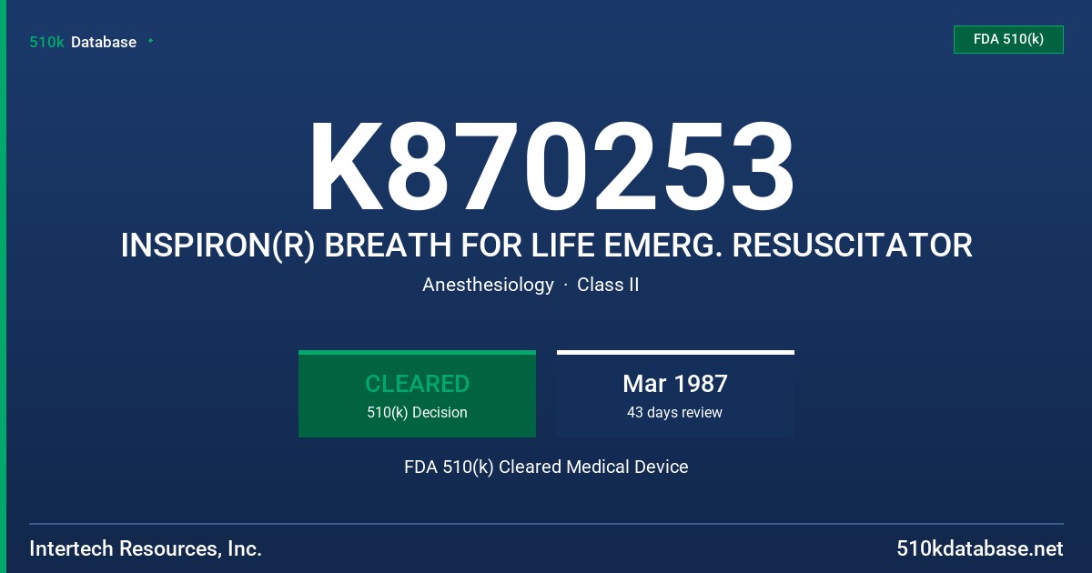 K870253 INSPIRON(R) BREATH FOR LIFE EMERG. RESUSCITATOR FDA 510(k) Cleared Medical Device