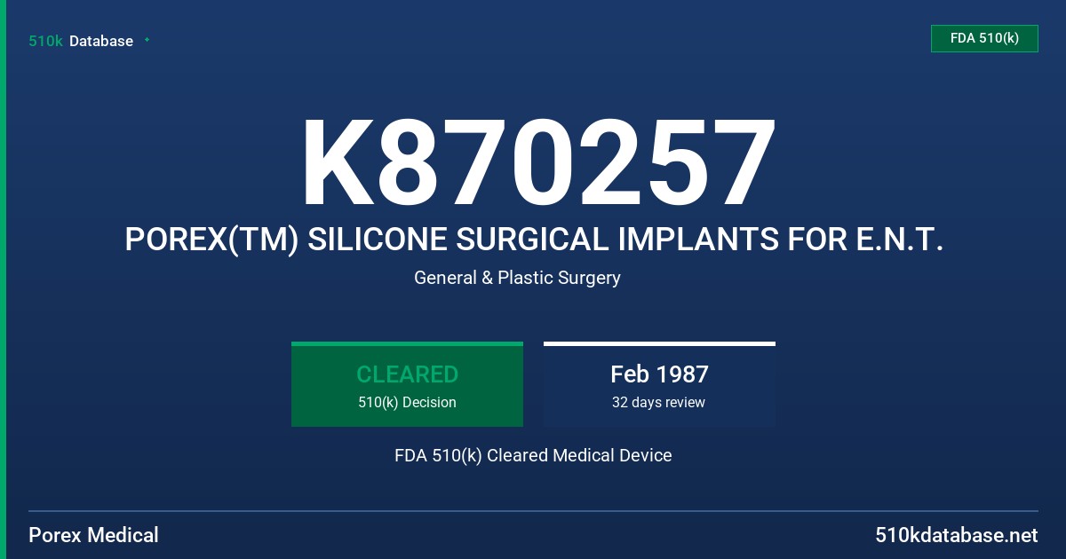 K870257 POREX(TM) SILICONE SURGICAL IMPLANTS FOR E.N.T. FDA 510(k) Cleared Medical Device