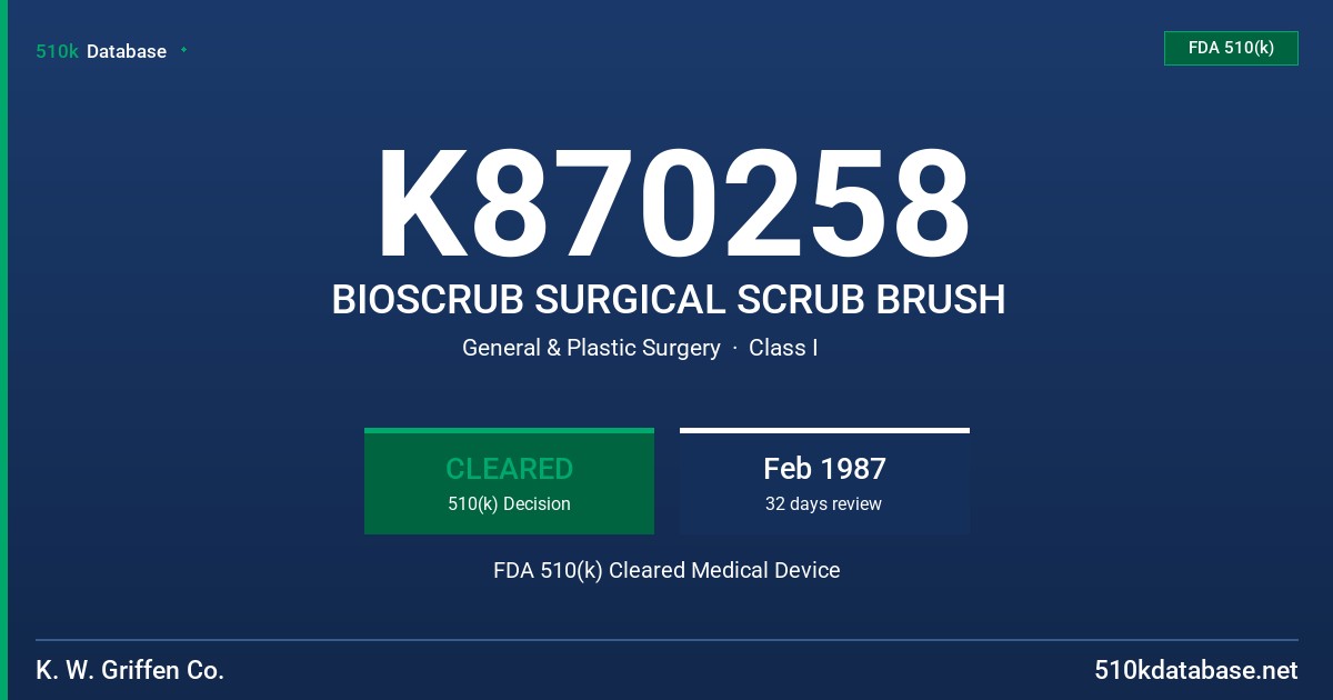 K870258 BIOSCRUB SURGICAL SCRUB BRUSH FDA 510(k) Cleared Medical Device