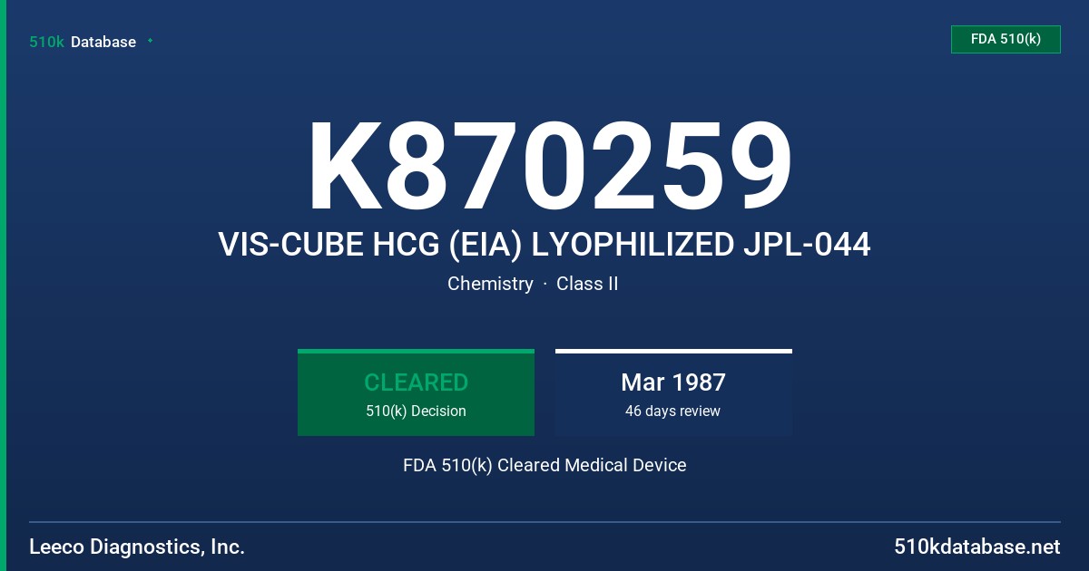 K870259 VIS-CUBE HCG (EIA) LYOPHILIZED JPL-044 FDA 510(k) Cleared Medical Device