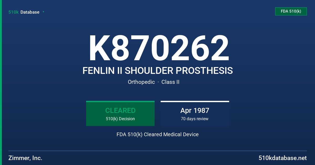 K870262 FENLIN II SHOULDER PROSTHESIS FDA 510(k) Cleared Medical Device