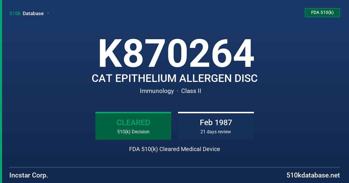 K870264 CAT EPITHELIUM ALLERGEN DISC FDA 510(k) Cleared Medical Device