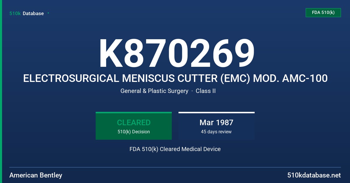 K870269 ELECTROSURGICAL MENISCUS CUTTER (EMC) MOD. AMC-100 FDA 510(k) Cleared Medical Device