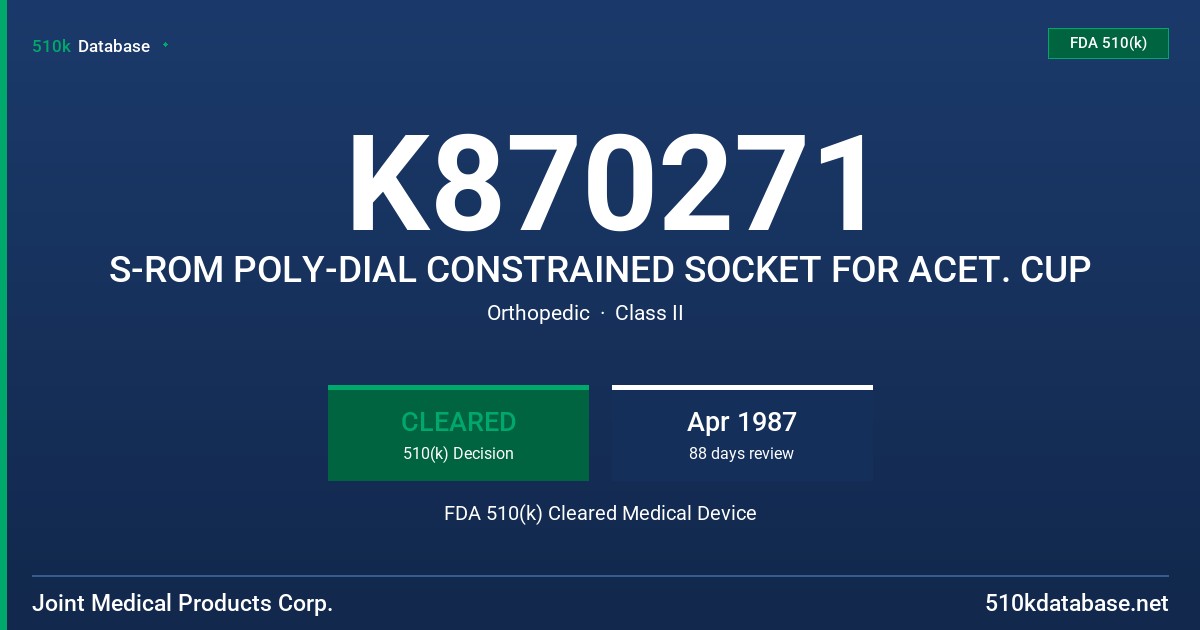K870271 S-ROM POLY-DIAL CONSTRAINED SOCKET FOR ACET. CUP FDA 510(k) Cleared Medical Device