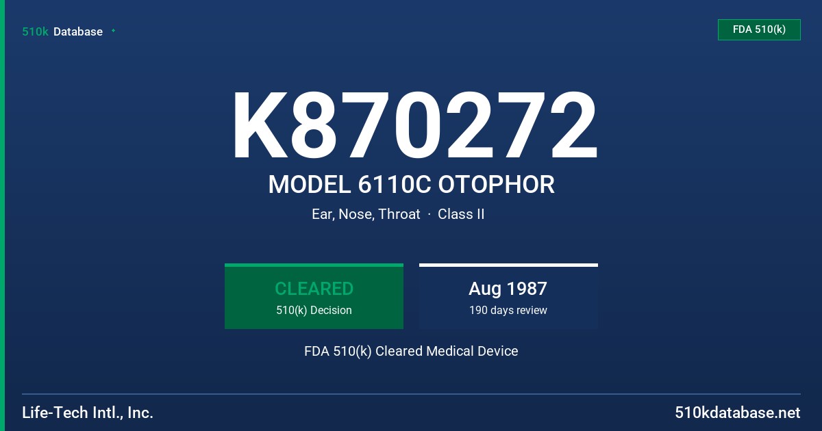 K870272 MODEL 6110C OTOPHOR FDA 510(k) Cleared Medical Device
