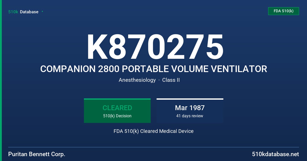 K870275 COMPANION 2800 PORTABLE VOLUME VENTILATOR FDA 510(k) Cleared Medical Device