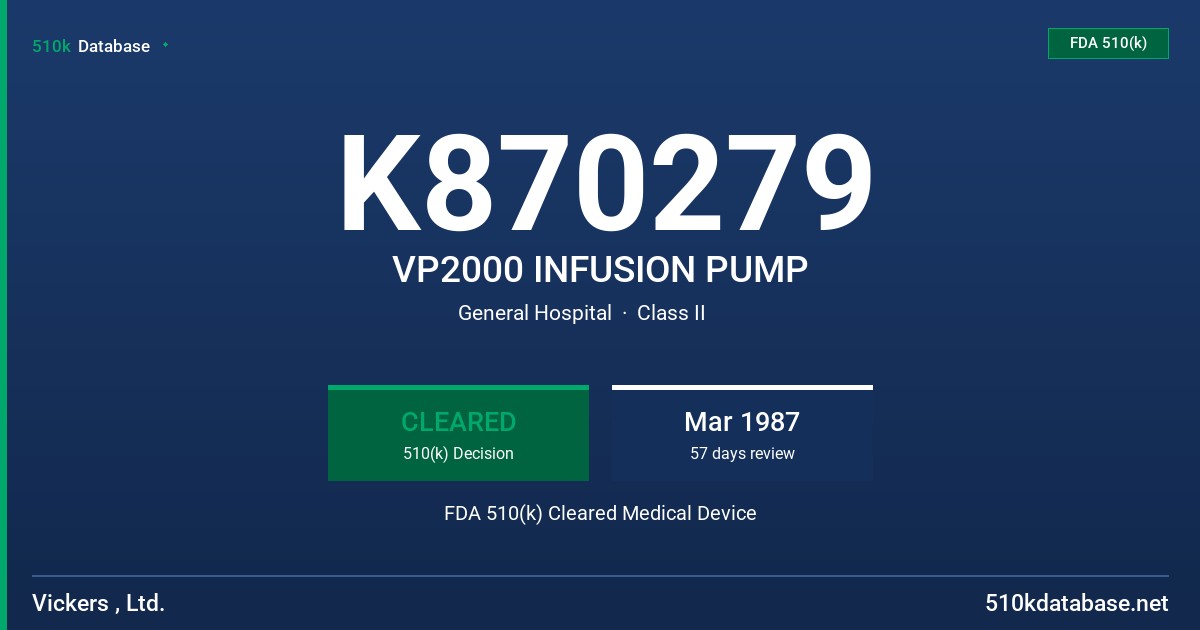 K870279 VP2000 INFUSION PUMP FDA 510(k) Cleared Medical Device