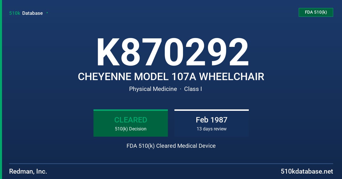K870292 CHEYENNE MODEL 107A WHEELCHAIR FDA 510(k) Cleared Medical Device