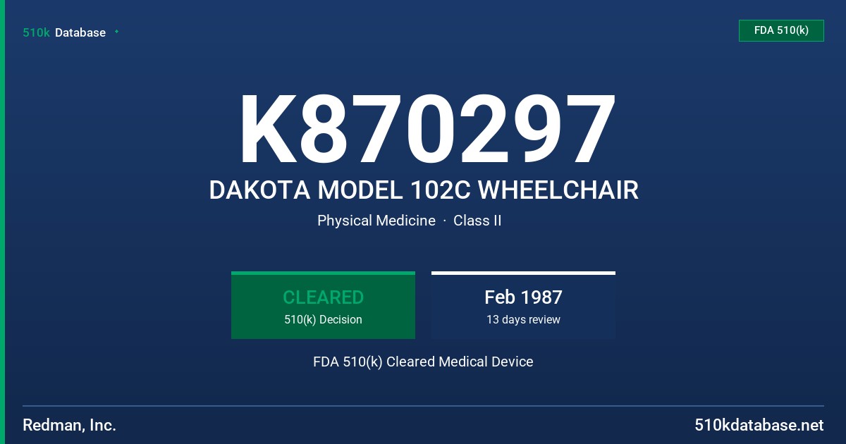 K870297 DAKOTA MODEL 102C WHEELCHAIR FDA 510(k) Cleared Medical Device