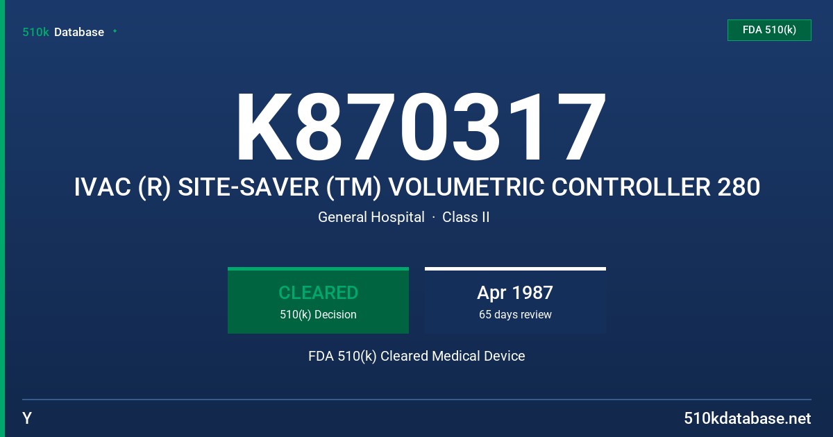 K870317 IVAC (R) SITE-SAVER (TM) VOLUMETRIC CONTROLLER 280 FDA 510(k) Cleared Medical Device