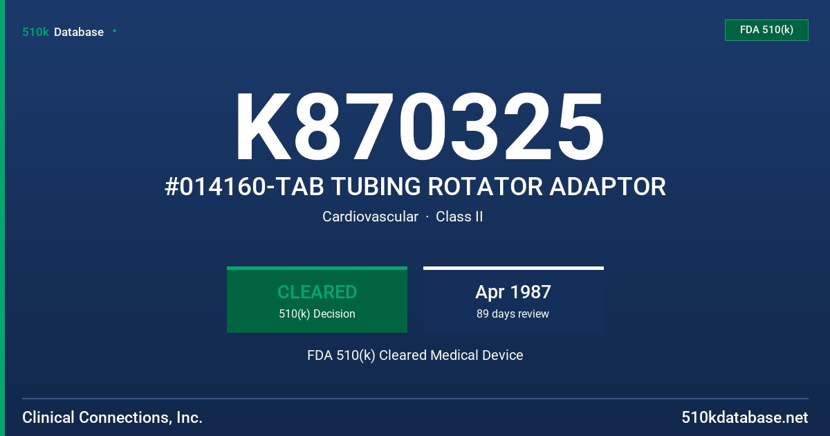 K870325 #014160-TAB TUBING ROTATOR ADAPTOR FDA 510(k) Cleared Medical Device