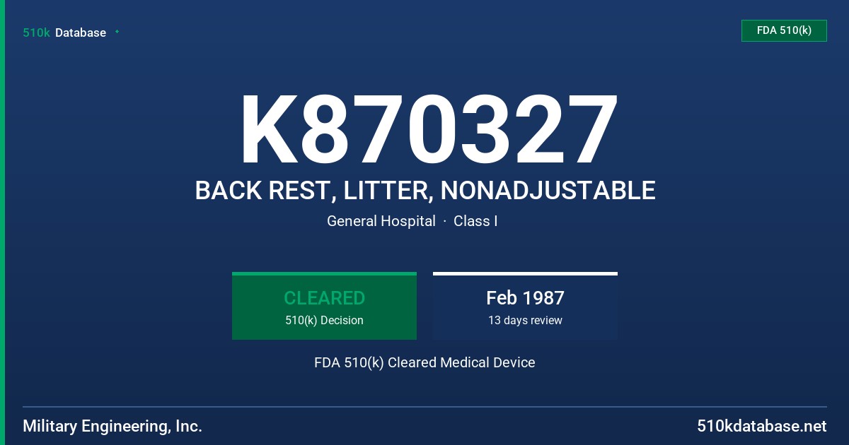 K870327 BACK REST, LITTER, NONADJUSTABLE FDA 510(k) Cleared Medical Device