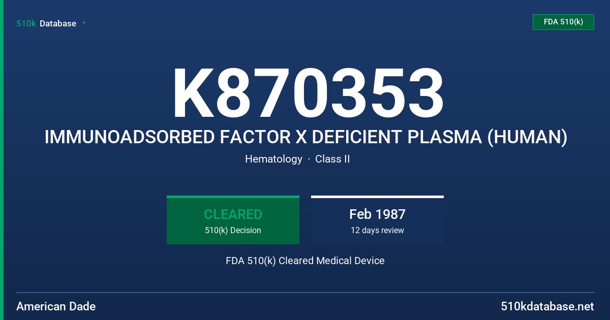 K870353 IMMUNOADSORBED FACTOR X DEFICIENT PLASMA (HUMAN) FDA 510(k) Cleared Medical Device