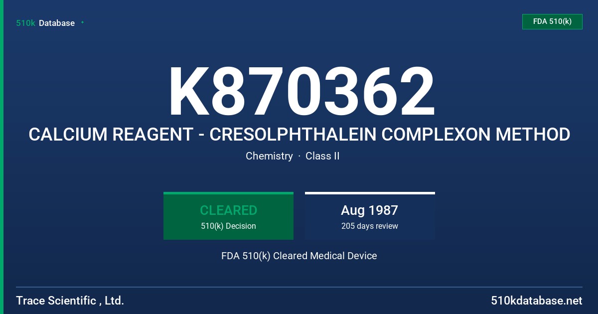 K870362 CALCIUM REAGENT - CRESOLPHTHALEIN COMPLEXON METHOD FDA 510(k) Cleared Medical Device
