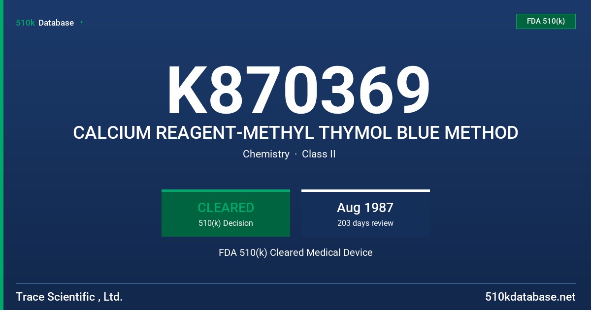K870369 CALCIUM REAGENT-METHYL THYMOL BLUE METHOD FDA 510(k) Cleared Medical Device