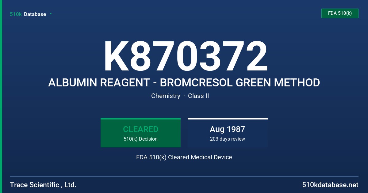 K870372 ALBUMIN REAGENT - BROMCRESOL GREEN METHOD FDA 510(k) Cleared Medical Device