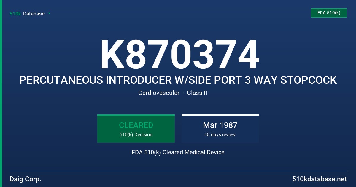 K870374 PERCUTANEOUS INTRODUCER W/SIDE PORT 3 WAY STOPCOCK FDA 510(k) Cleared Medical Device