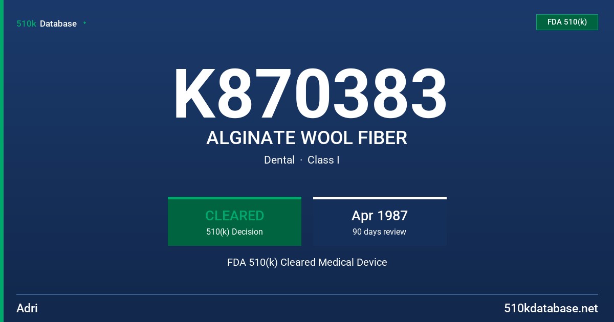K870383 ALGINATE WOOL FIBER FDA 510(k) Cleared Medical Device