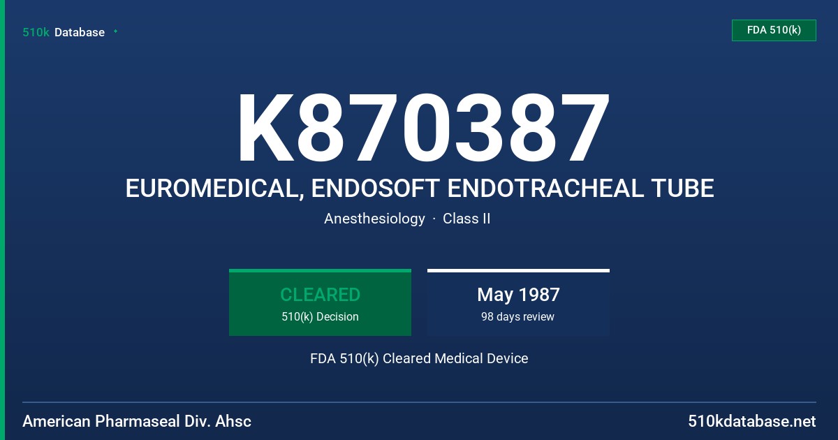 K870387 EUROMEDICAL, ENDOSOFT ENDOTRACHEAL TUBE FDA 510(k) Cleared Medical Device