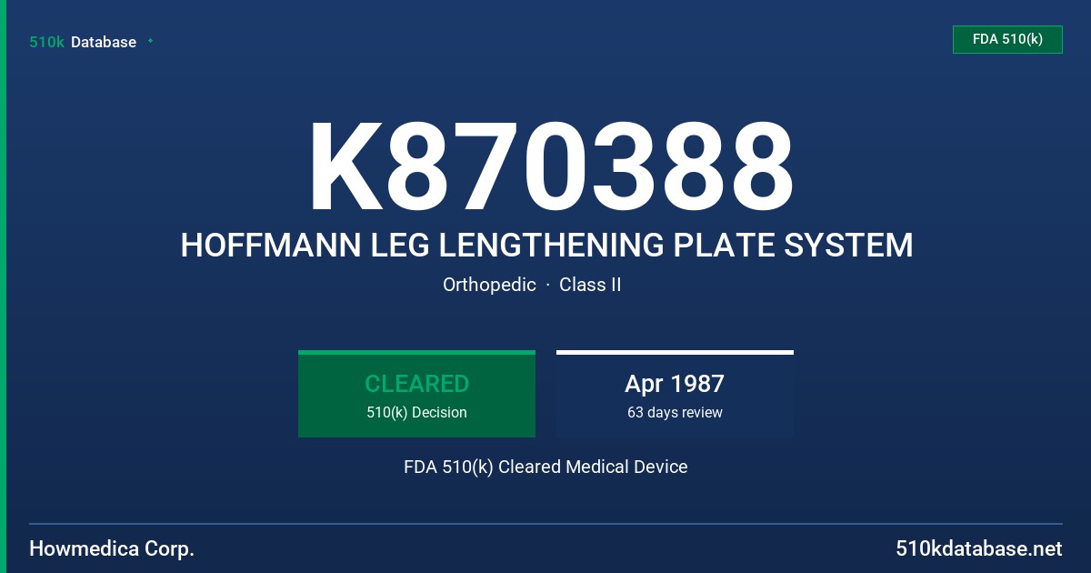 K870388 HOFFMANN LEG LENGTHENING PLATE SYSTEM FDA 510(k) Cleared Medical Device