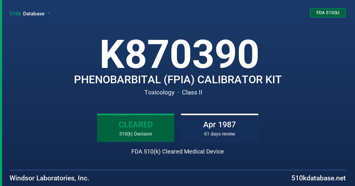 K870390 PHENOBARBITAL (FPIA) CALIBRATOR KIT FDA 510(k) Cleared Medical Device