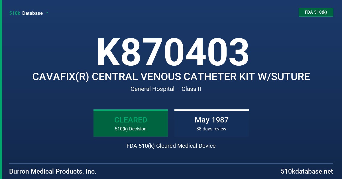 K870403 CAVAFIX(R) CENTRAL VENOUS CATHETER KIT W/SUTURE FDA 510(k) Cleared Medical Device