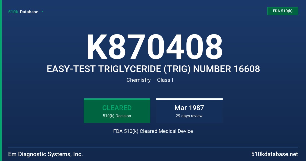 K870408 EASY-TEST TRIGLYCERIDE (TRIG) NUMBER 16608 FDA 510(k) Cleared Medical Device