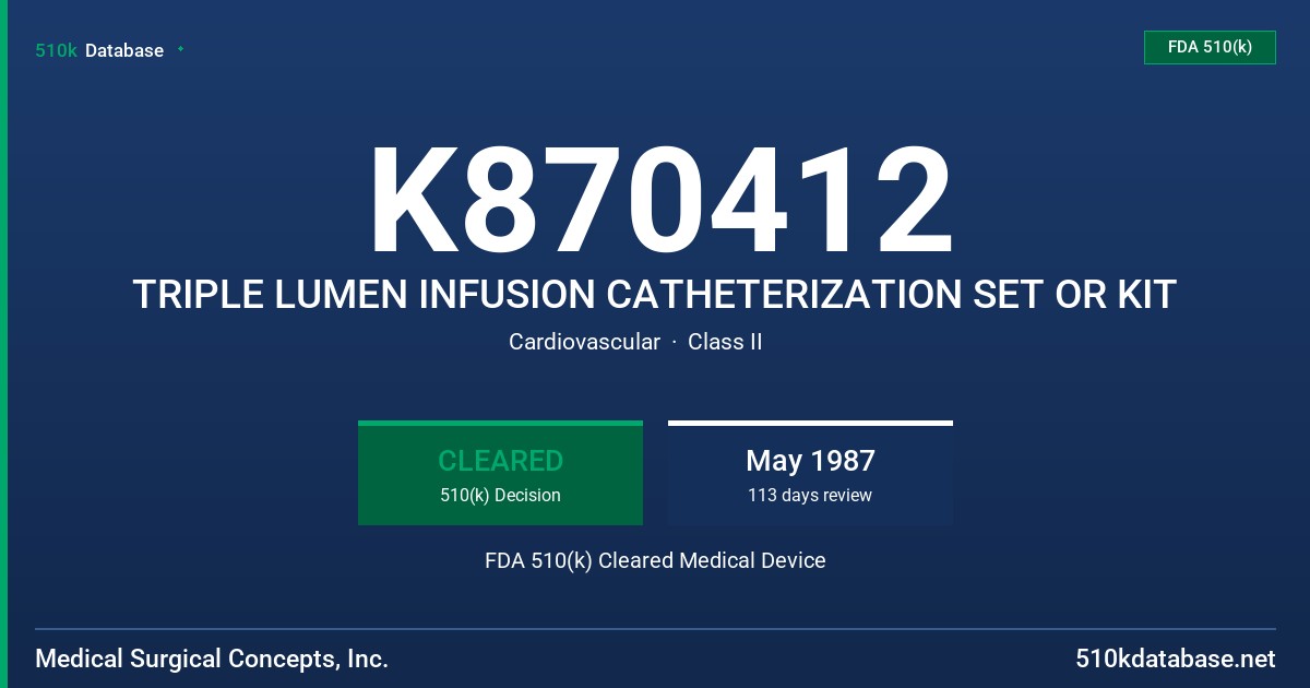 K870412 TRIPLE LUMEN INFUSION CATHETERIZATION SET OR KIT FDA 510(k) Cleared Medical Device