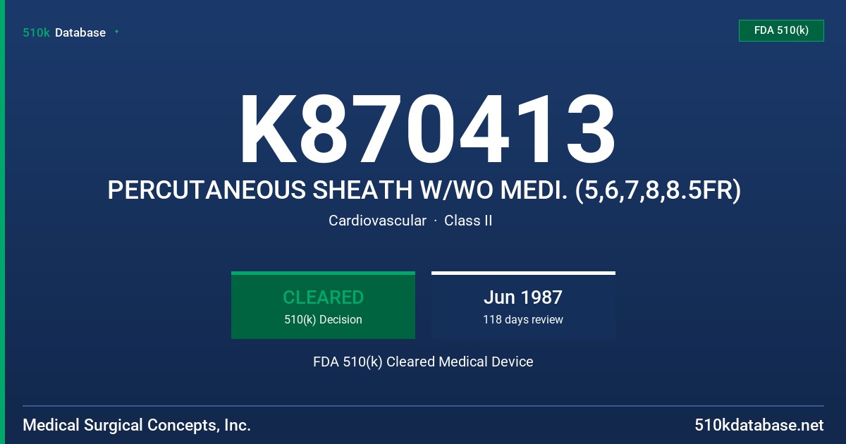 K870413 PERCUTANEOUS SHEATH W/WO MEDI. (5,6,7,8,8.5FR) FDA 510(k) Cleared Medical Device