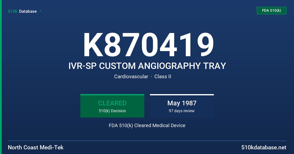 K870419 IVR-SP CUSTOM ANGIOGRAPHY TRAY FDA 510(k) Cleared Medical Device
