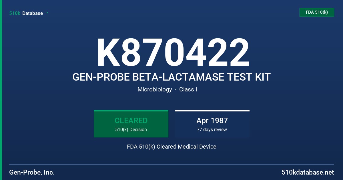 K870422 GEN-PROBE BETA-LACTAMASE TEST KIT FDA 510(k) Cleared Medical Device