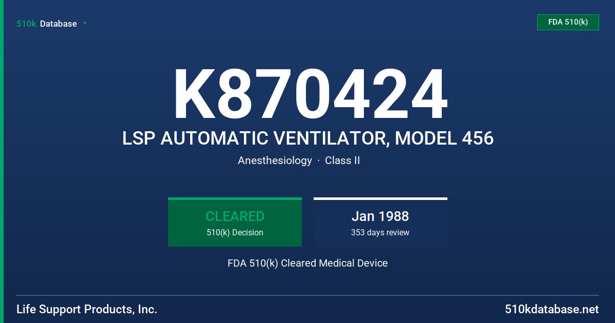 K870424 LSP AUTOMATIC VENTILATOR, MODEL 456 FDA 510(k) Cleared Medical Device