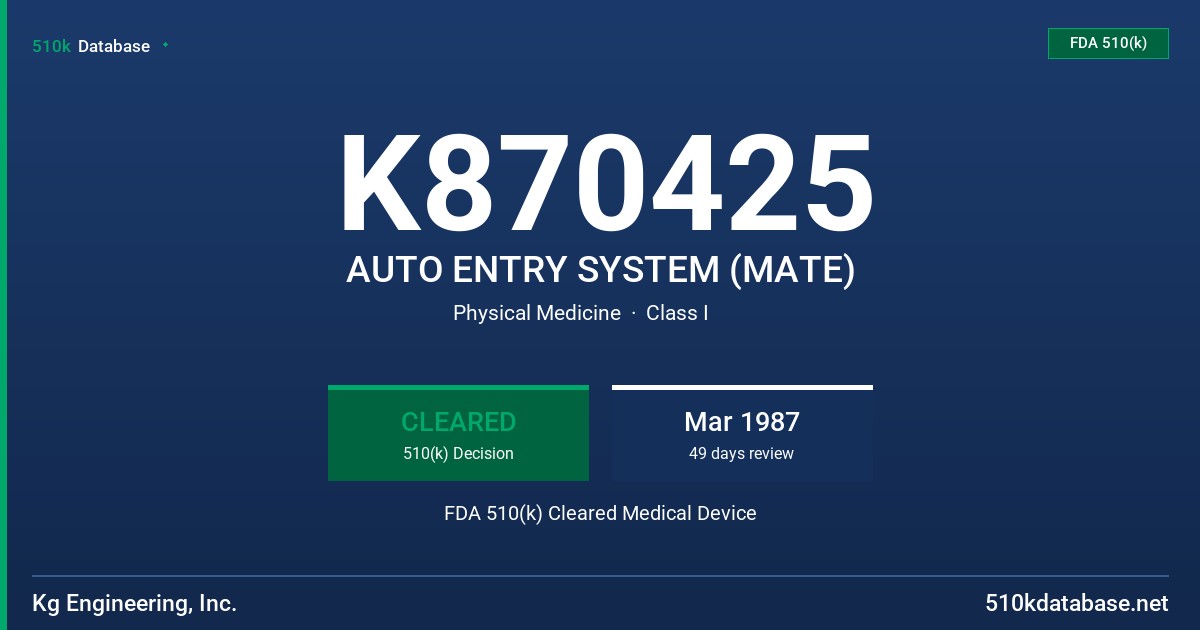 K870425 AUTO ENTRY SYSTEM (MATE) FDA 510(k) Cleared Medical Device