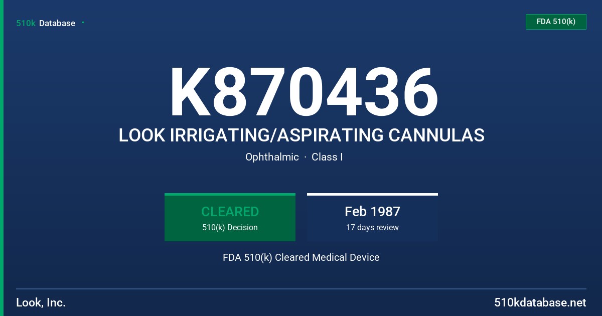 K870436 LOOK IRRIGATING/ASPIRATING CANNULAS FDA 510(k) Cleared Medical Device