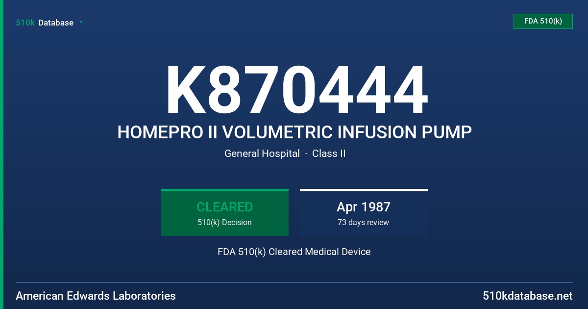 K870444 HOMEPRO II VOLUMETRIC INFUSION PUMP FDA 510(k) Cleared Medical Device