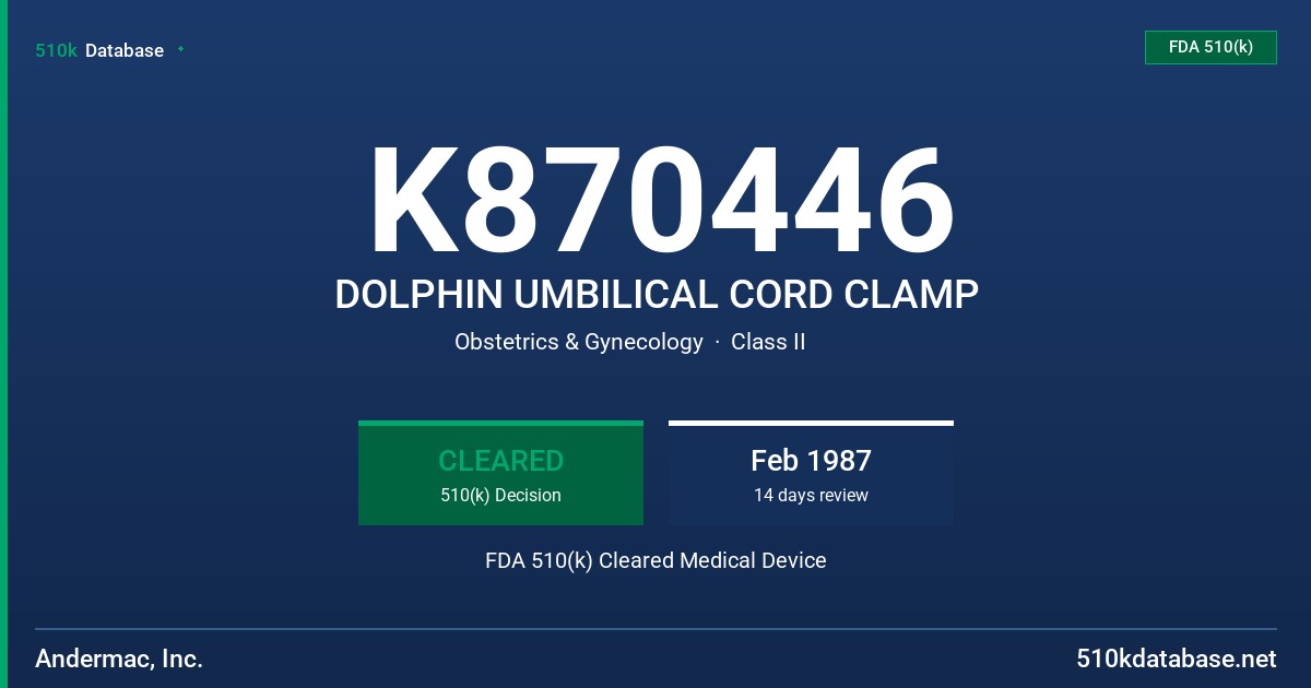 K870446 DOLPHIN UMBILICAL CORD CLAMP FDA 510(k) Cleared Medical Device